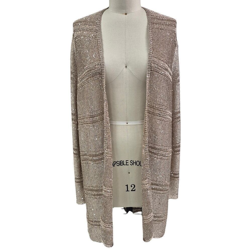 Chico's Travelers Collection Tan Polyester Sequined Cardigan Open Front Sz 3 XL